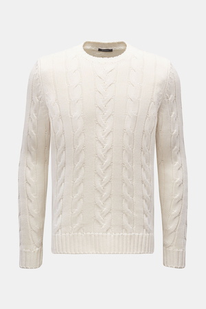 04651 / A trip in a bag - Herren - Merino Rundhalspullover 'Foggy Cable' offwhite