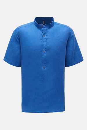 04651 / A trip in a bag - Herren - Popover-Kurzarmhemd 'Linen Guru' Grandad-Kragen blau