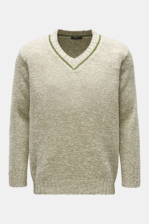 04651 / A trip in a bag - Herren - V-Neck Pullover 'Mouliné' grün/weiß