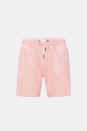 04651 / A trip in a bag - Herren - Seersucker-Badeshorts 'Seersucker Swim' orange/weiß gestreift
